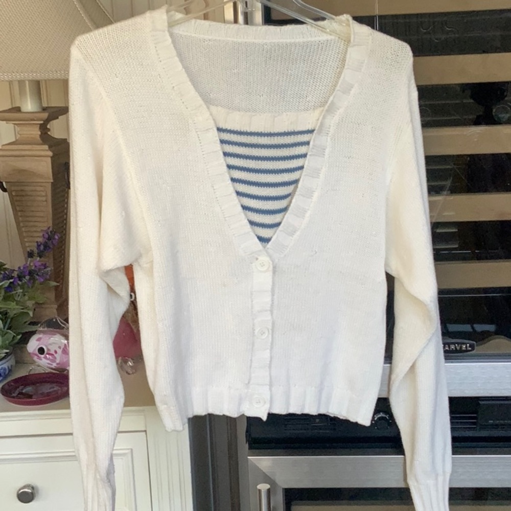 WHITE KNIT SWEATER W/ BLUE AND WHITE REMOVABLE INSERT SUMMER MEDIUM ITALY